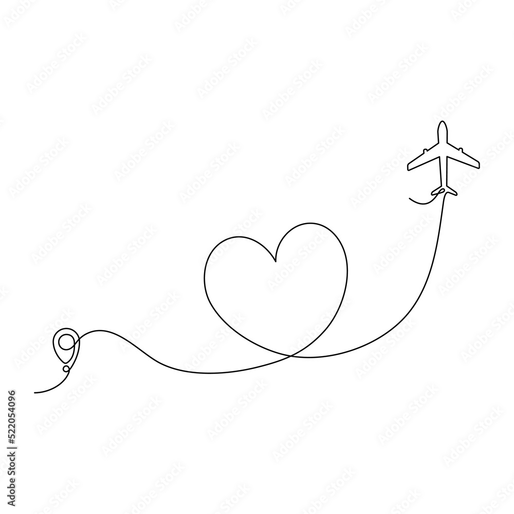 Poster airplane continuous line drawing with map pin pointer in heart shape. airplane flying with start poi