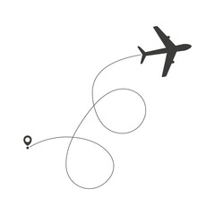 Airplane fly in line route. Flying air plane with start pin pointer. Vector isolated on white.