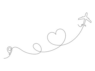 Airplane continuous line drawing with map pin pointer in heart shape. Airplane flying with start point. Vector isolated on white.