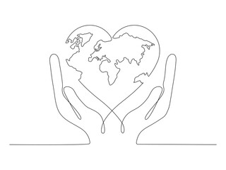 Human hands holding Earth globe continuous line art drawing. Save of Planet linear concept. Vector illustration isolated on white.