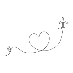 Airplane continuous line drawing with map pin pointer in heart shape. Airplane flying with start point. Vector isolated on white.