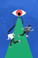 Retro zine poster of huge eye look through magnifier search two guys new virtual risk game isolated...