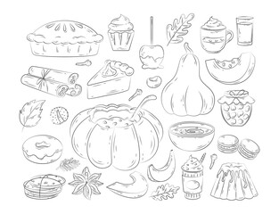 Hand drawn Pumpkin dish. Vector set of dishes with fresh ripe pumpkin, jam jar, fruitcake, soup, latte with cinnamon. Traditional autumn Thanksgiving food. Autumn set for halloween invitation, harvest