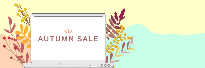 秋の葉とラップトップのカラフルなバナー