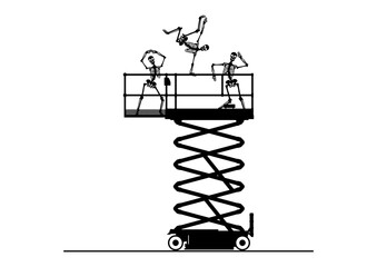 Silhouette of skeletons dancing on the working platform. Vector.