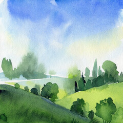 Landscape with mountains, blue sky, clouds, green meadow. Hand drawn nature background. watercolor painting illustration