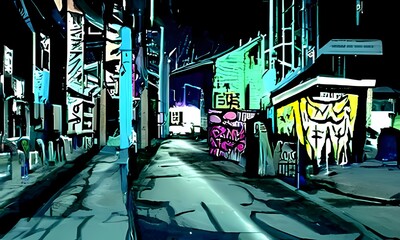 Neon graffiti city street alley way at night - cyberpunk sci-fi digital painting concept art