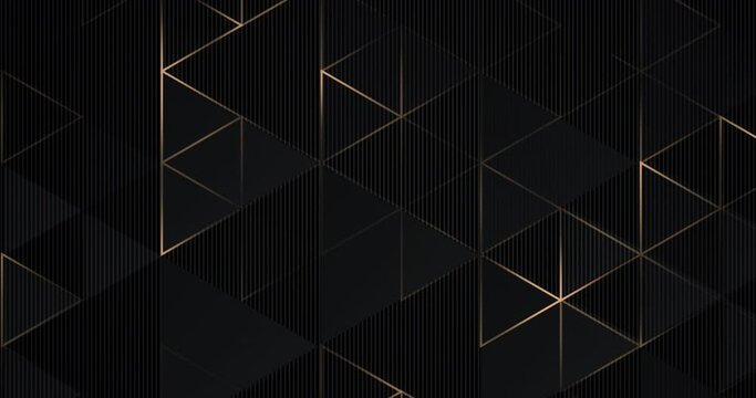 4k Abstract luxury black grey gradient backgrounds with golden metallic striped grid. Geometric triangles graphic motion animation. Seamless looped dark backdrop. Carbon elegant wedding BG. Hexagonal