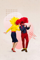 Vertical composite collage illustration of two overjoyed people dancing flowers instead head...