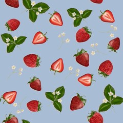 Fototapeta na wymiar Surface pattern with strawberries on a blue background. Strawberries texture seamless pattern print background.