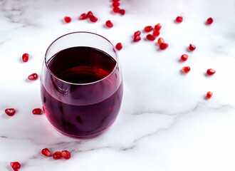 Pomegranate juice with seed on stone table background