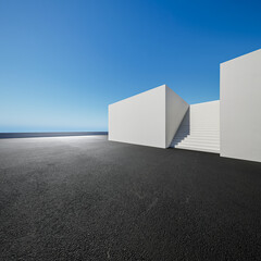 Empty asphalt floor and gray wall. 3d rendering of sea view plaza with clear sky background.