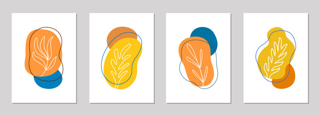 Autumnal minimalistic floral cards of hand drawn leaves and branches. Abstract art colorful trendy brochure template design. Modern graphic style autumn color flyer set. EPS 10 vector illustration. © shevalierart
