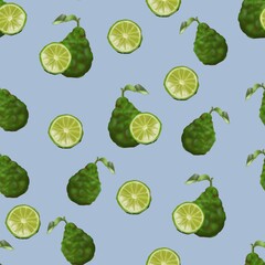 Bergamot orange fruit  botanical illustration of whole and cut slice fruits with blossom. Bergamot or kaffir lime citrus design for herbal tea and essential oil product package. Texture design on ligh