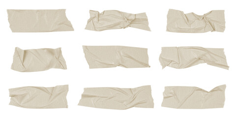 White scotch tape on white background, crumpled sticky tape, different sizes.
