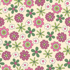 Colorful Ditsy Hand-Drawn Floral Vector Seamless Pattern. Retro 70s Style Nostalgic Daisies. Fashion Textile Bold Background. Summer Resort Print. Flower Power