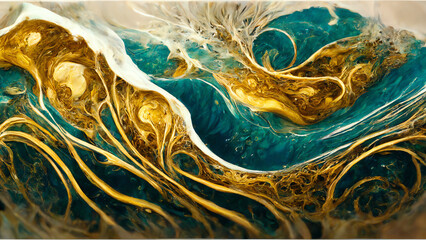 Natural luxury abstract fluid art painting technique. Mixture of colors creating and golden swirls.