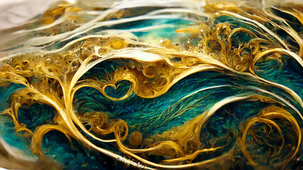 Natural luxury abstract fluid art painting technique. Mixture of colors creating and golden swirls.