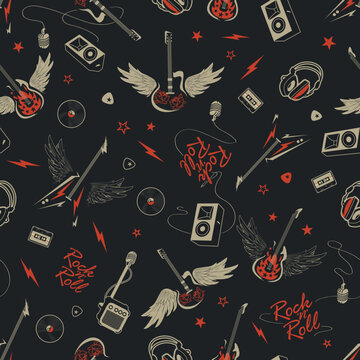 Electric Rock and Roll with Winged Guitars in gray, red colors on black background