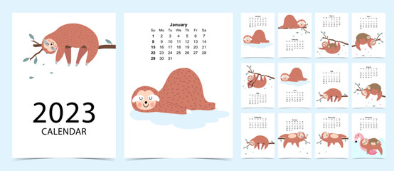 2023 table calendar week start on Sunday with sloth that use for vertical digital and printable A4 A5 size - obrazy, fototapety, plakaty