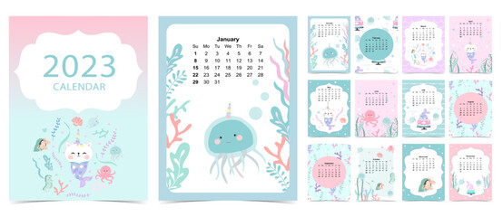 2023 table calendar week start on Sunday with mermaid and whale that use for vertical digital and printable A4 A5 size