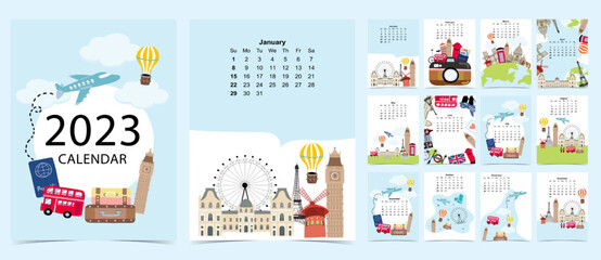 2023 table calendar week start on Sunday with travel that use for vertical digital and printable A4 A5 size