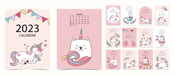 2023 table calendar week start on Sunday with unicorn that use for vertical digital and printable A4 A5 size