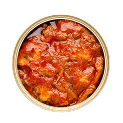 Canned fish in tomato sauce on a white background.
