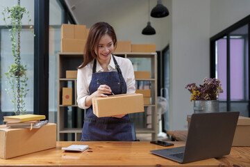 Attractive Asian entrepreneur business woman checking order