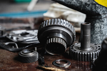 Fototapeta na wymiar Close up mechanical parts of car in the garage.