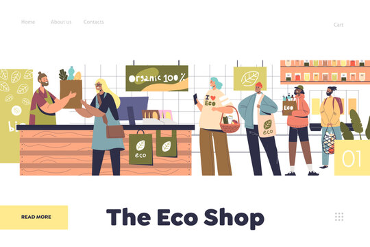 Eco shop concept of landing page with organic store buyers buy grocery with reusable packaging