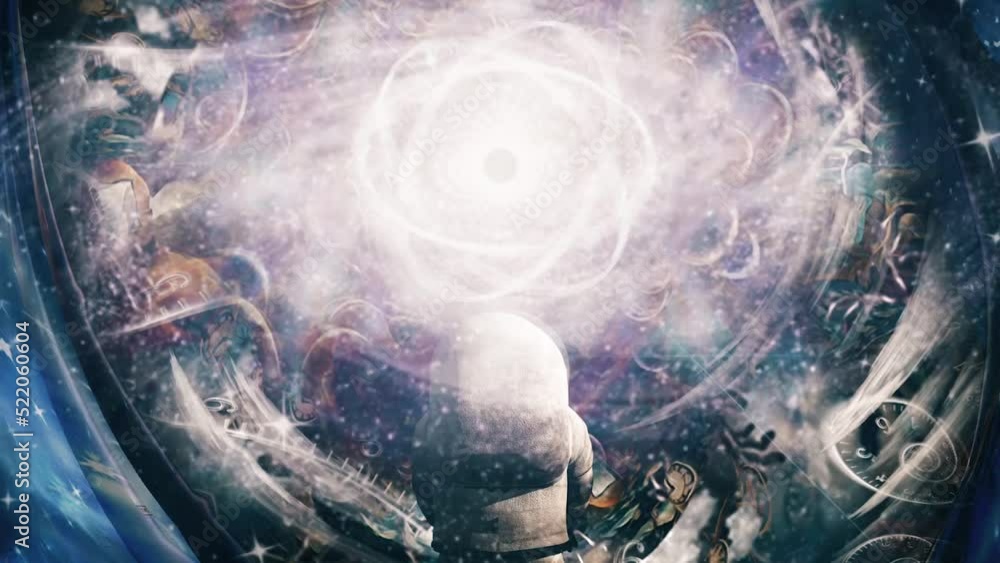Poster surreal modern art. astronaut before atom and endless spaces