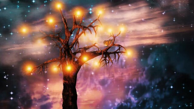 Tree of Light and Stars in Blue Sky