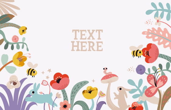 Floral spring horizontal banner and space for your text. Bee, flowers, plants, cute rabbits and bunnies in pastel colors. Modern minimalist poster, greeting card, header for website