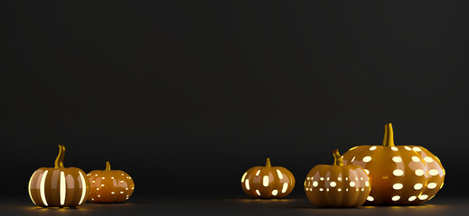Orange pumpkins with yellow lighting inside on black background. Fall and Halloween banner with copy space. 3d rendering