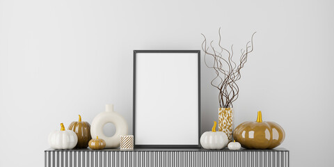 Picture frame mock up. Glossy decorative Pumpkins with vases on gray shelf. Autumn and Halloween...