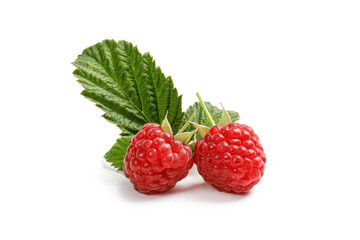 Raspberry berries with green leaf isolated on white background. Raspberry with clipping path.