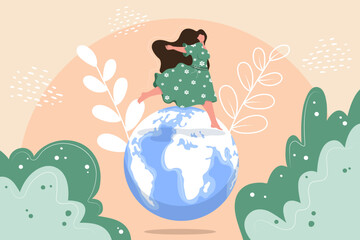 A girl in a dress runs around the planet, save the world. Vector illustration