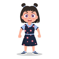 Cute little girl in a beautiful dress, getting angry. Vector illustration