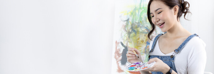 Female artist painting on canvas, Artist studio interior, Draw with watercolor, Drawing supplies , Painting and creativity, Use a brush to draw a pattern by stripes, Artwork, Using Paint Brush.