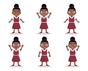 Set of cute girl, different emotions, school uniform. Vector illustration