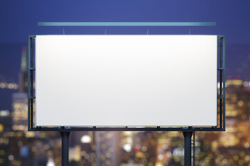 Blank white billboard on cityscape background at evening, front view. Mock up, advertising concept