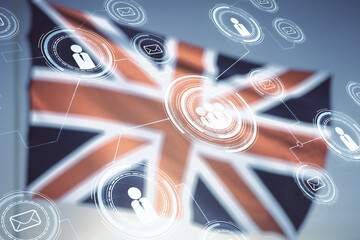 Abstract virtual social network concept on flag of Great Britain and sunset sky background. Multiexposure