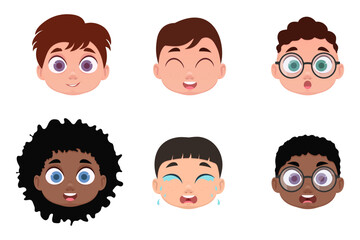 Set of faces, emotions of boys. Vector illustration