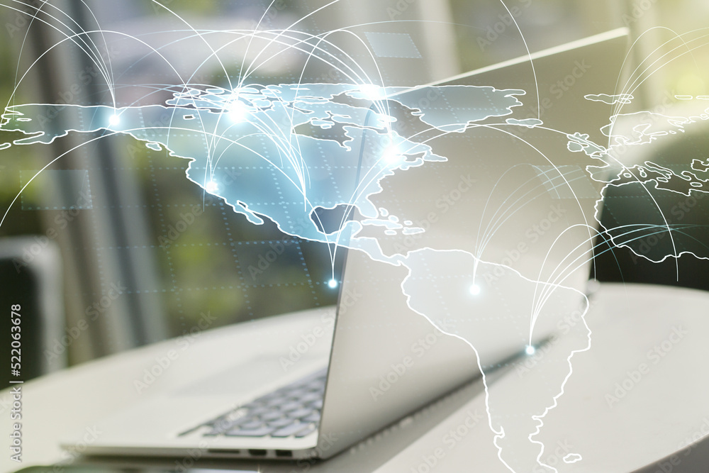 Poster double exposure of abstract digital world map with connections on computer background, big data and 
