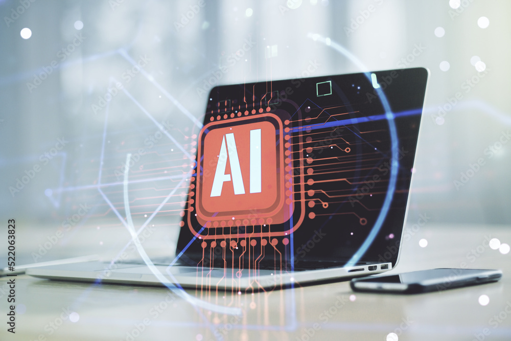 Aufkleber Double exposure of creative artificial Intelligence abbreviation with computer on background. Future technology and AI concept