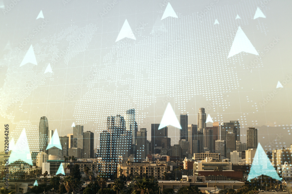 Poster abstract virtual gps locator sketch with world map on los angeles cityscape background, monitoring a