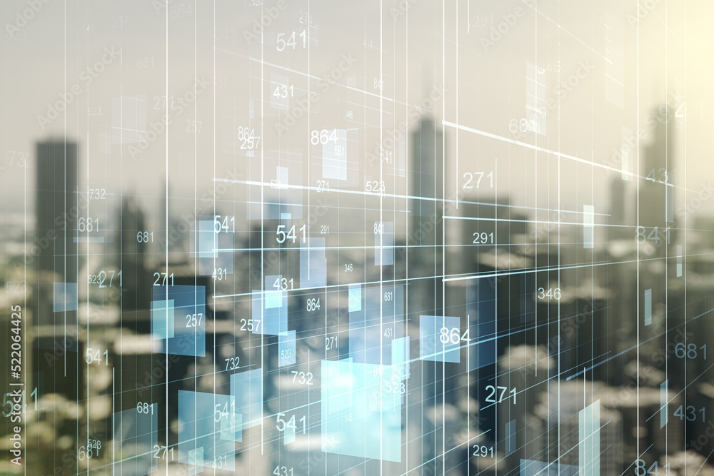 Poster abstract virtual analytics data spreadsheet on blurry skyscrapers background, analytics and analysis