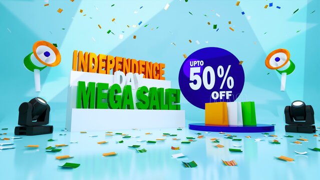 Indian Independence day 15th August  Mega sale offer 3d illustration for advertisements and banners, Indian tricolor shopping bags confetti loudspeakers and focus lights on blue background
