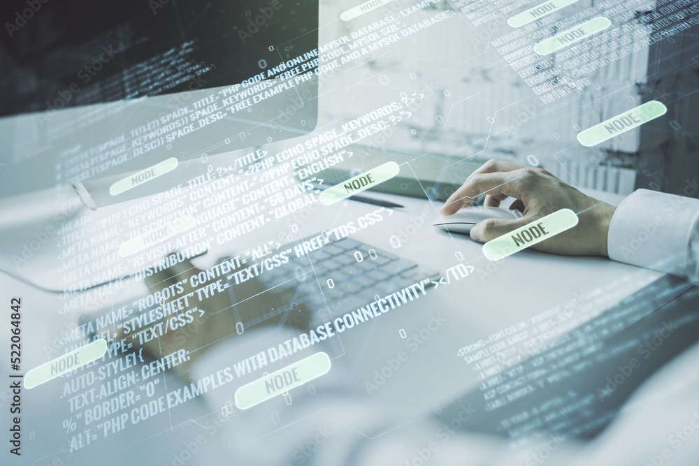 Poster double exposure of abstract creative programming illustration and hands typing on laptop on backgrou